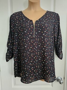Maurices Xl Black Dot-Print Zip Blouse with Multicolor Spots
